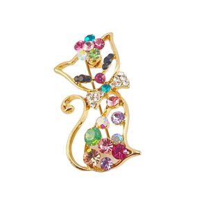 Vintage Cat Brooch Pin With Multicolored Crystals & Gold Tone Finish